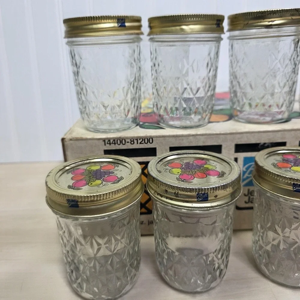 10 Ball Quilted Crystal Jelly Jars Tall w/ Grapes & Fruit Lids 4
